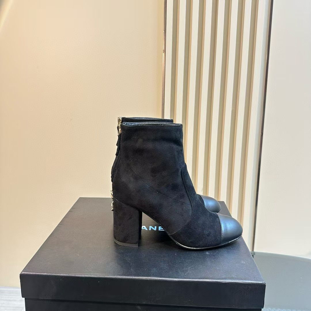 Ch*el short boots suede calfskin & lambskin black