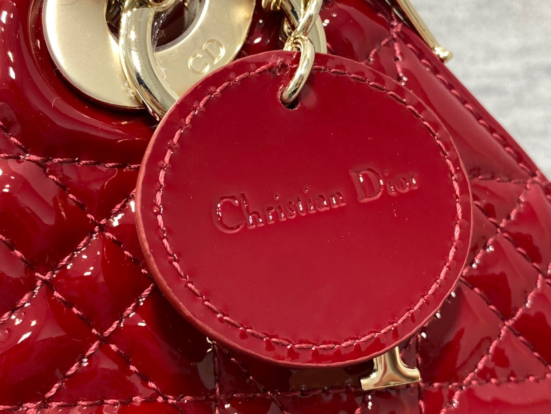 mini lady D*or bag  cherry red patent cannage calfskin 6.5 x 6 x 3 inches