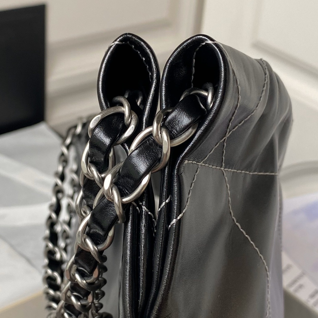 Ch*el 22 small handbag shiny calfskin silver 13.7×14.4×2.7 in