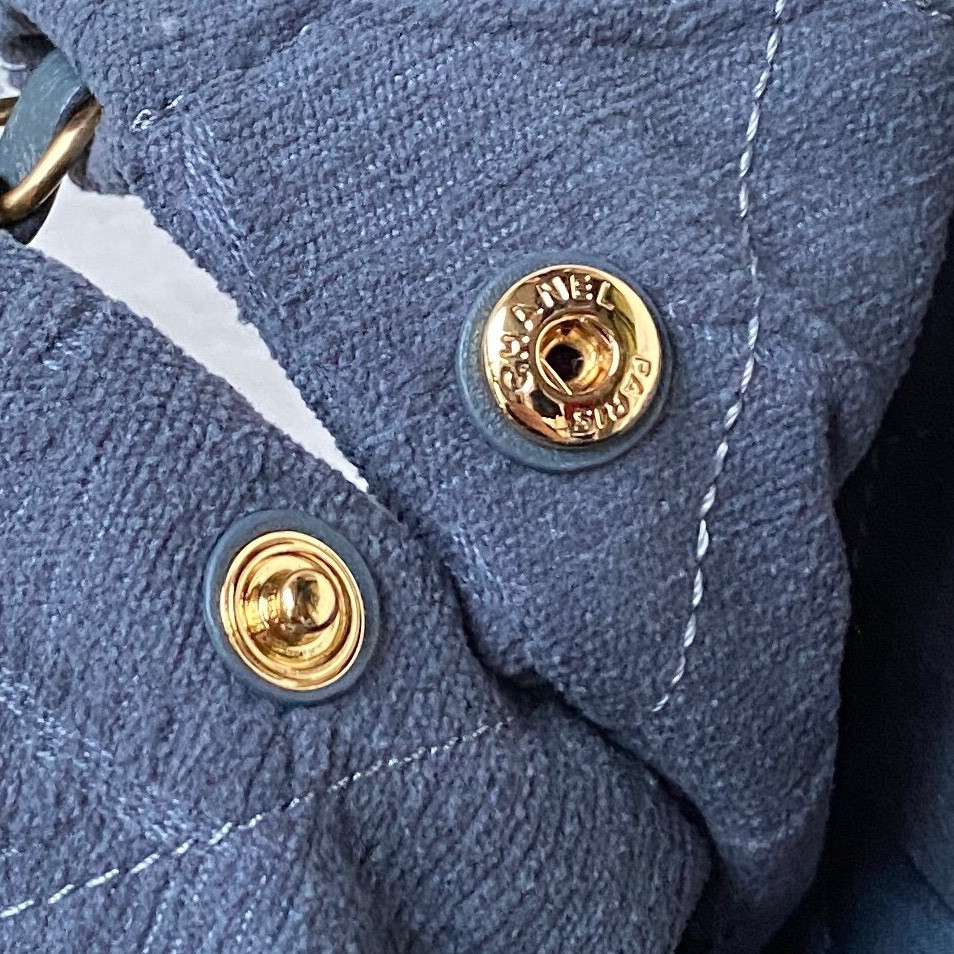 Ch*el 22 handbag velvet blue 15.2×16.4×3.1 in