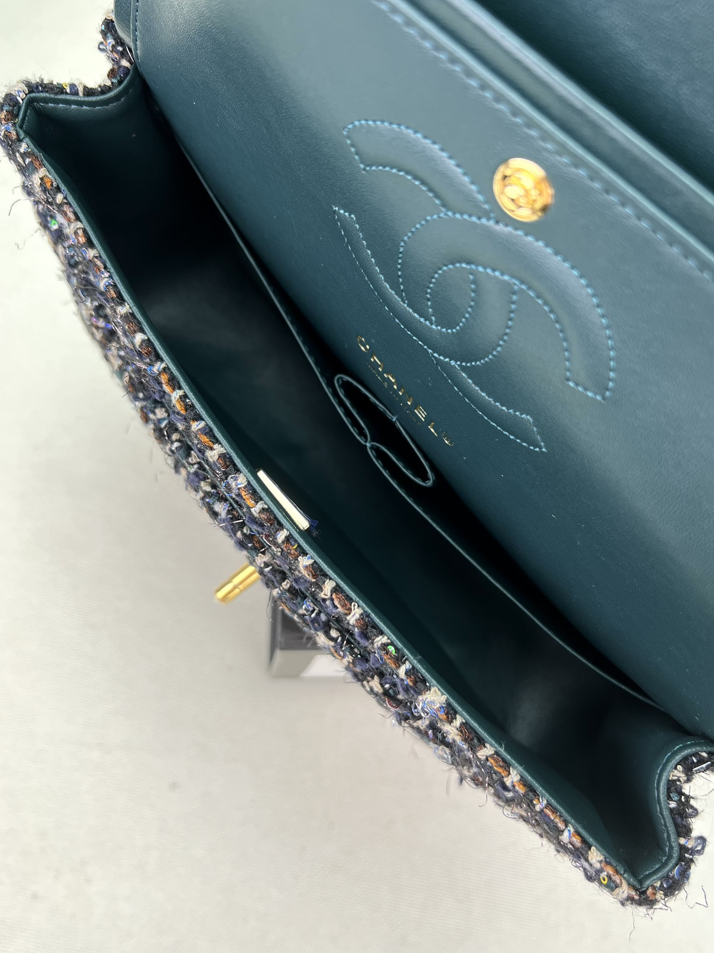 Ch*el classic 11.12 handbag tweed & gold-tone metal   6 × 9.9 × 2.5 in