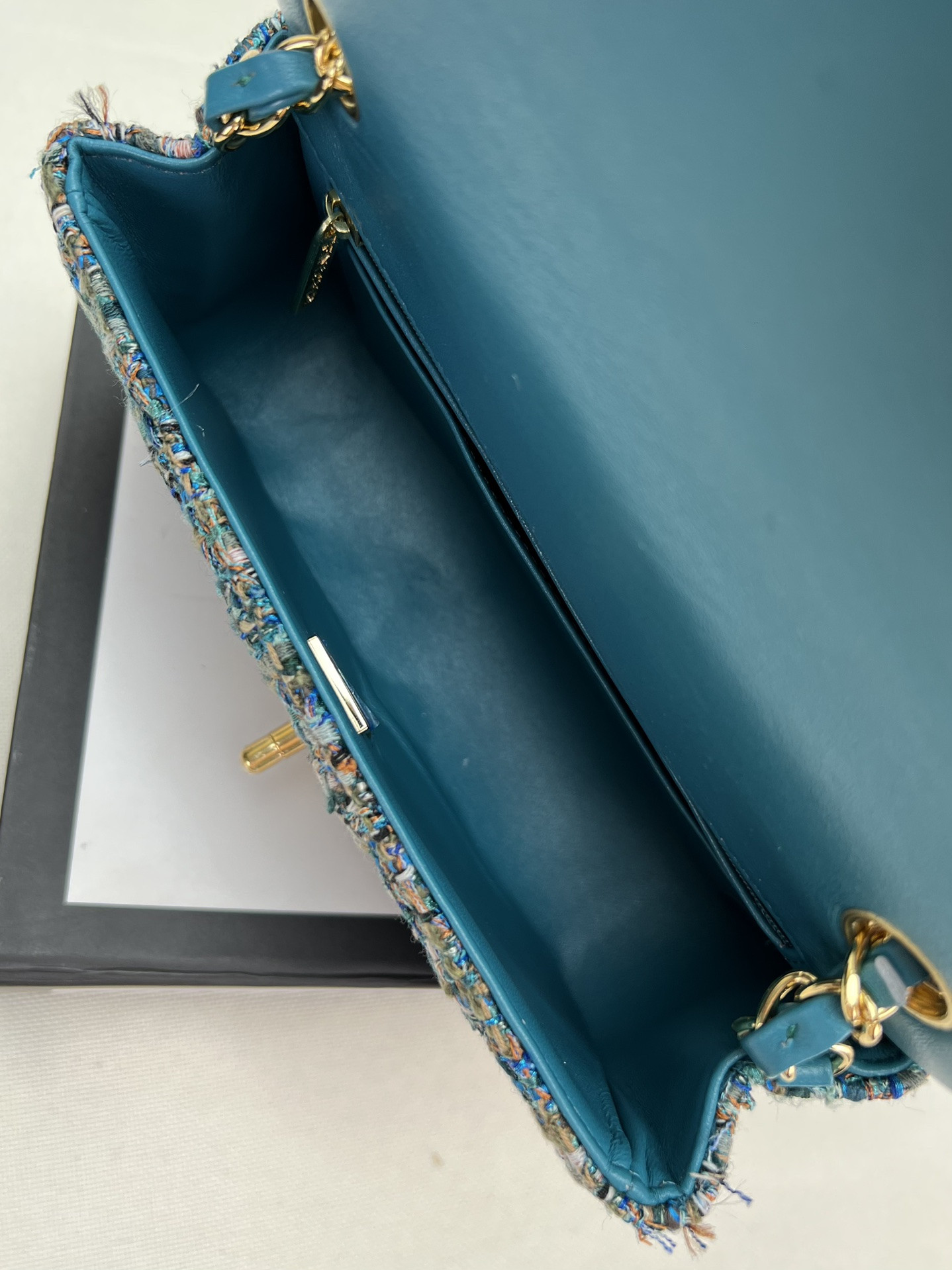 Ch*el mini classic 11.12 handbag tweed & gold-tone metal 4.7 × 7.8 × 2.3 in