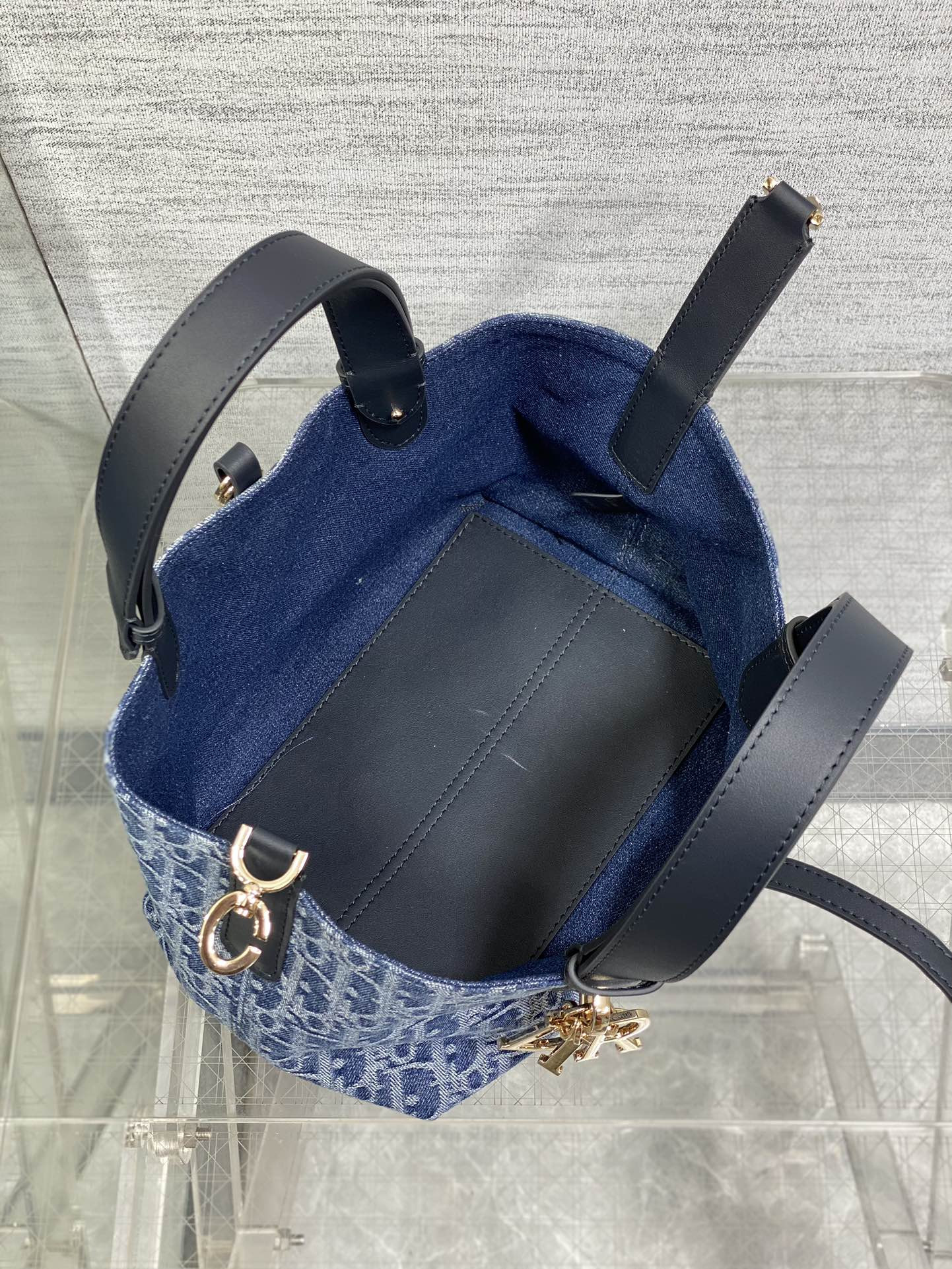 small D*or toujours bag  blue denim D*or oblique jacquard 23 x15 x15cm